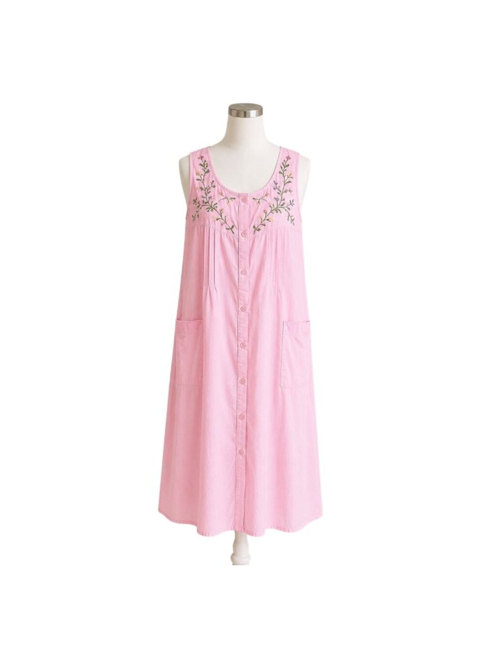 Collections Pink Cotton Nightgown Vtg Embroider Button Front House Dress Pocket